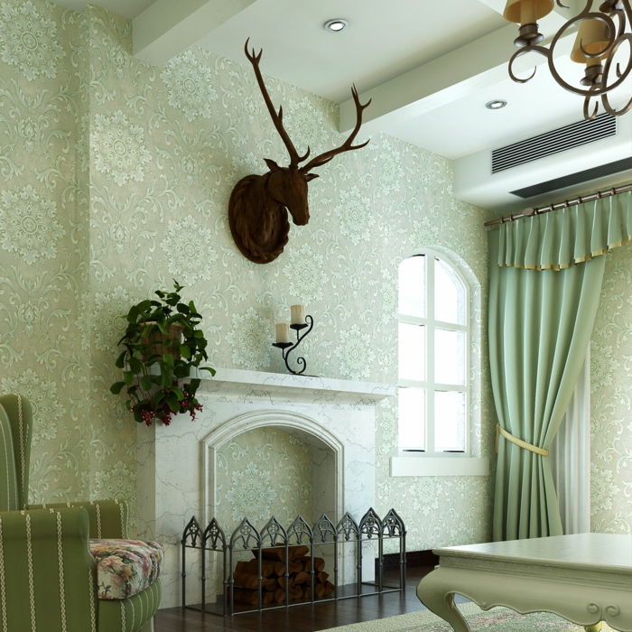 vacker interiör öppen spis och elegant gardin-väggdekoration rådjur huvud aristokrat stol gamla tapeter