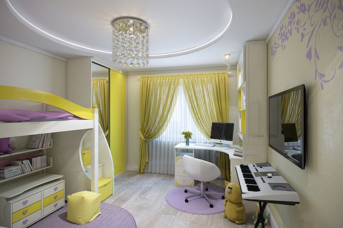 barnens sovrum möbler i lila och ljusgrönt gula gardiner lampa hängande från taket på modern säng piano installation säng ovanför skrivbordet lila mattan
