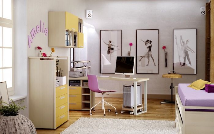 idéia de mobília de sala de juventude em murais de parede amarelo e roxo idéias com bailarina uma garota fazendo os exercícios de dança
