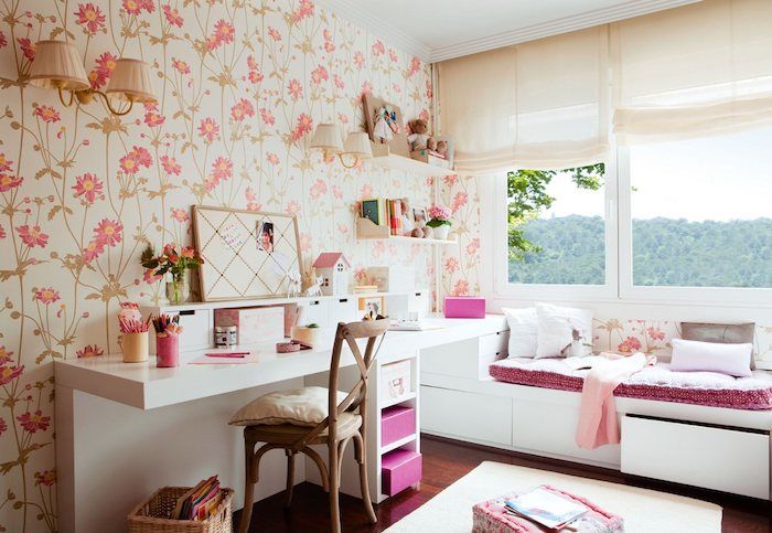 Cinza quarto branco rosa decoração padrão gasto papel de parede na parede idéias papel de parede grande janela de mesa e cadeira retro