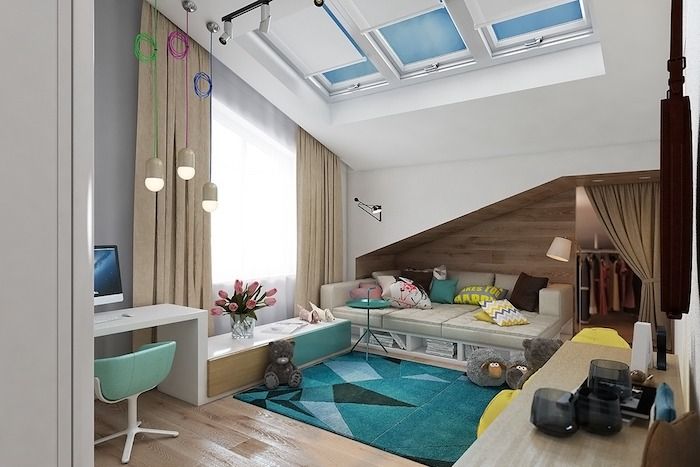 sienų dizainas jaunimo kambario lango apdailos idėjos mėlyna žalia kilimų stalas idėjos sofa dizaino idėja didelis vaikų kambarys