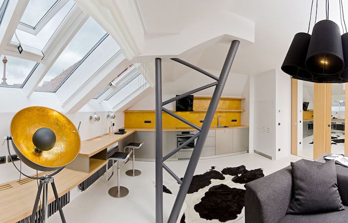 mažas butas sukurtas gražus idėjas geltona pilka plokščias dizainas kailio kilimo sofa