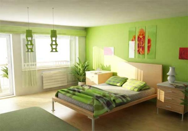 miestnosti-maľovanie-nápady-spálňa-s-zelené-steny-farby a rastliny