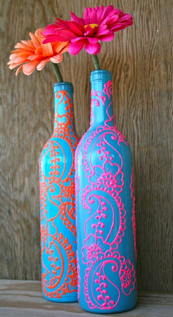 Wijnfles henna turkoois blauw koraal-oranje Roze Bloem Gerbera