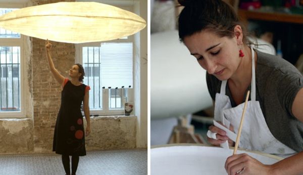 to-bilder-diy-lamp-fra-papir-en kvinne slår på lampen