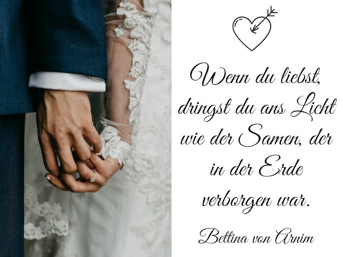 geweldige uitspraak van bettina von arnim op het gebied van liefde en huwelijk en een foto met een liefhebbend stel en handen met ringen