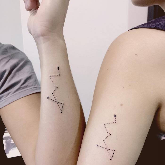 tatovering for elskere - hender med svarte tatoveringer med et svart stjernebilde med svarte, små stjerner