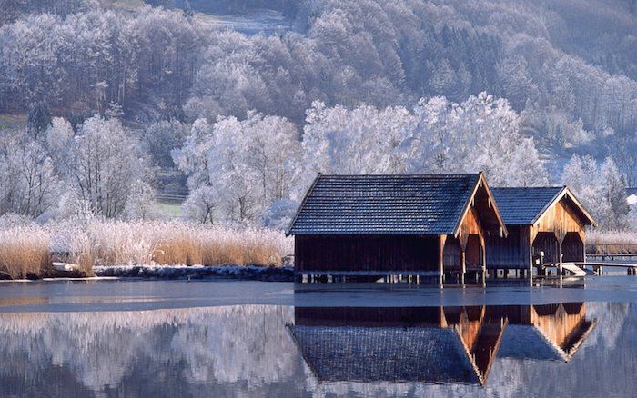 miškas su daugybe baltų medžių - ežeras ir du mediniai namai - romantiška žiemos nuotrauka