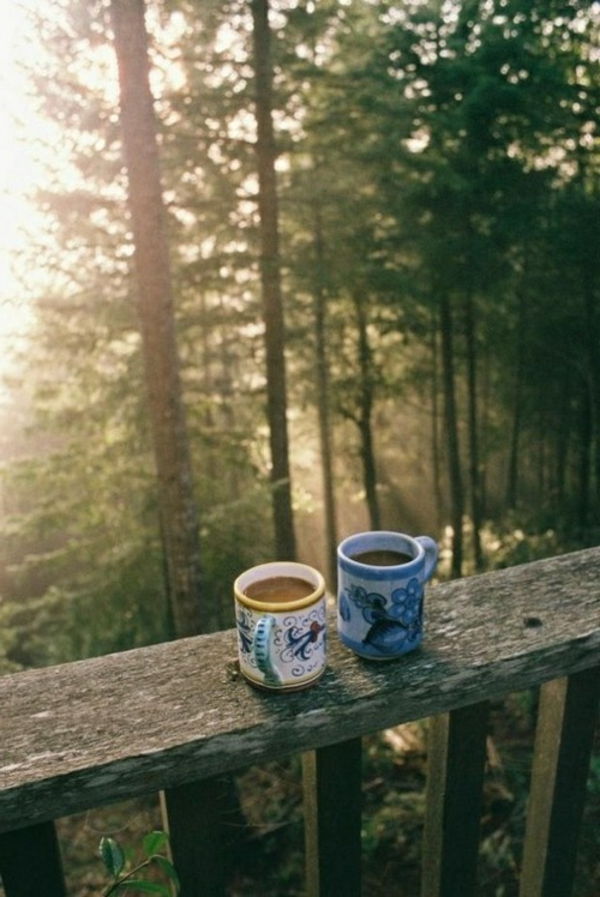 İki kahve fincanları-on-the-ahşap-teras-in-orman