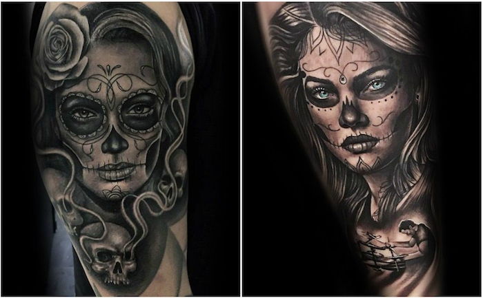 dłonie z czarnymi tatuażami la catrina z młodymi kobietami z czarnymi nosami i wargami - czaszka z różami z tatuażami